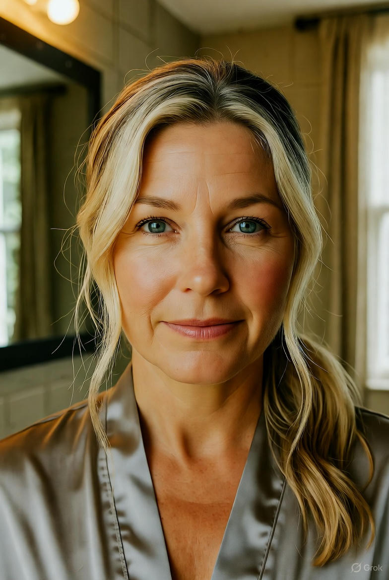 A woman looking thoughtfully at her reflection in a mirror.